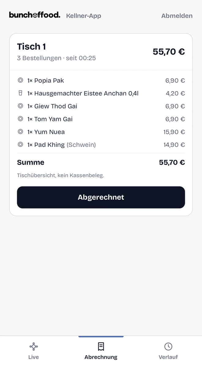 Kellner-App: Tischübersicht mit Summe, Button „Abgerechnet“ und Tab-Leiste
