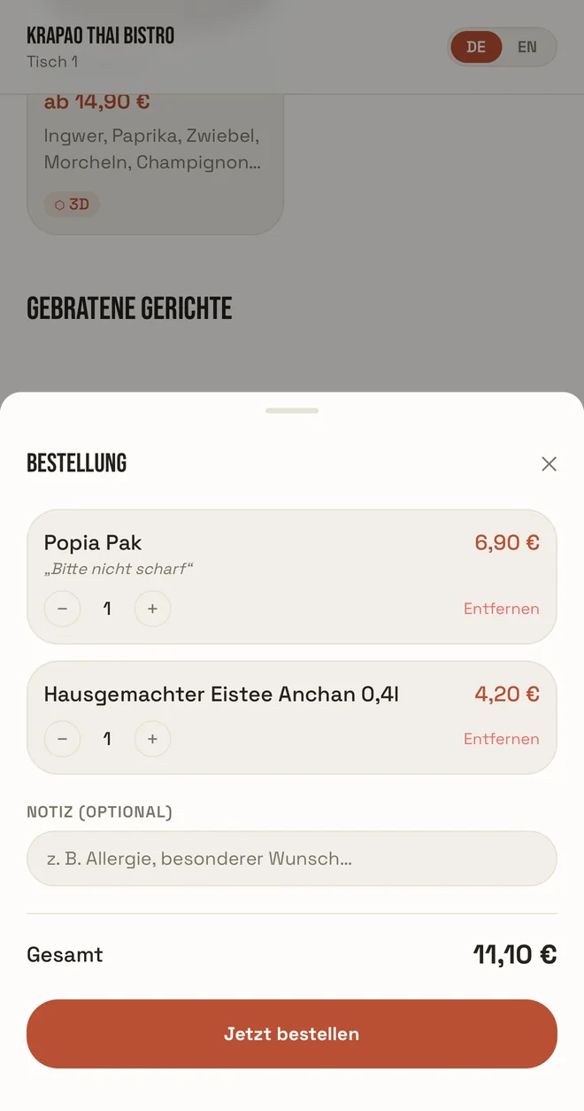 Warenkorb mit zwei Gerichten, Notiz und Button „Jetzt bestellen“